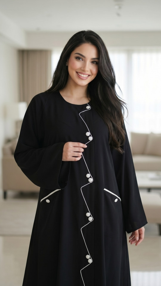 Abaya with Show Buttons and Piping on the Front and Two Side Pockets 