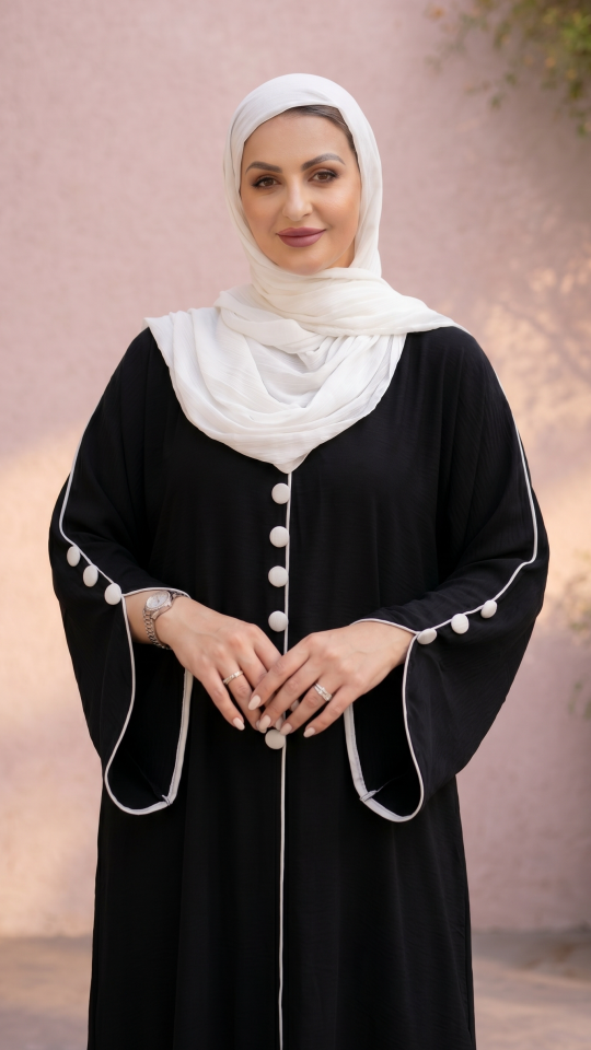 Modest Abaya with White Piping and Show Buttons on the Front and Sleeves In Black