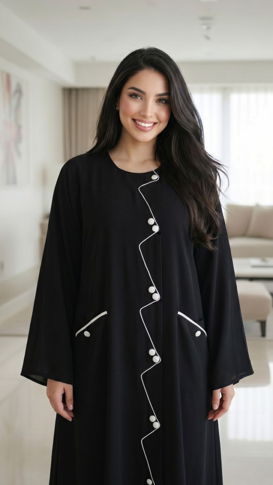 Abaya with Show Buttons and Piping on the Front and Two Side Pockets 
