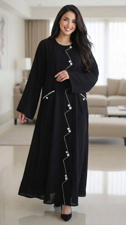 Abaya with Show Buttons and Piping on the Front and Two Side Pockets 
