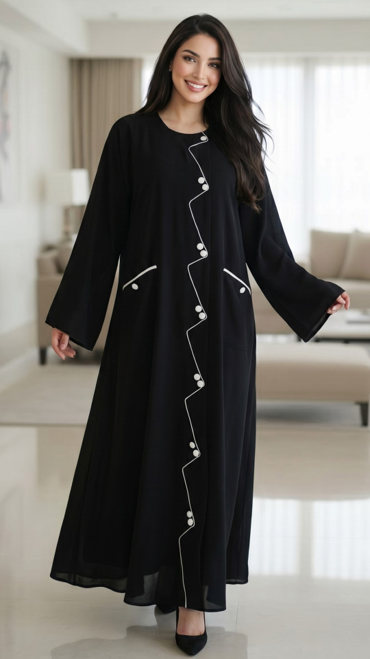 Abaya with Show Buttons and Piping on the Front and Two Side Pockets 