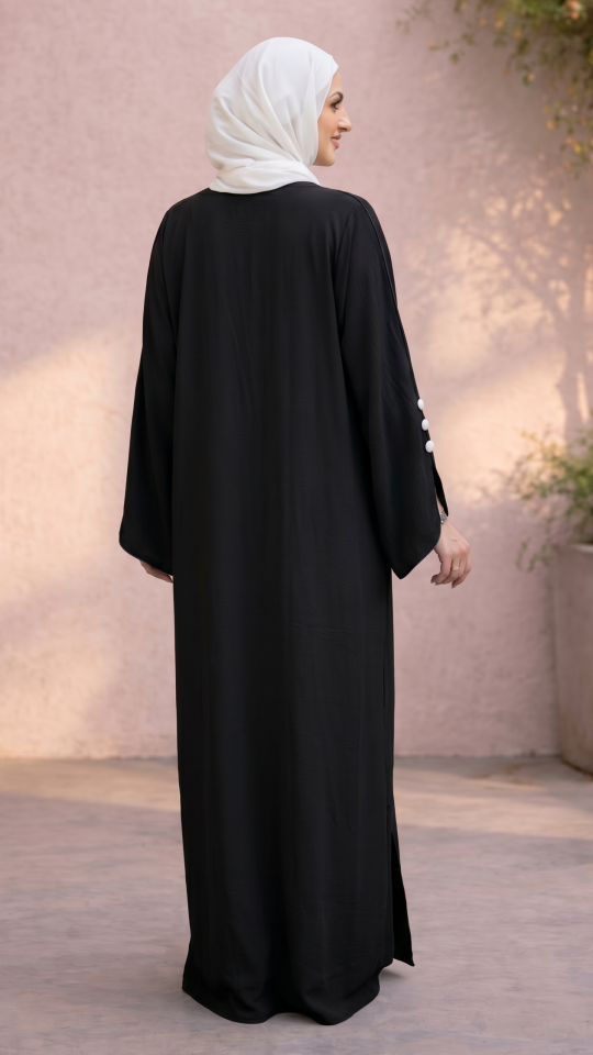Modest Abaya with White Piping and Show Buttons on the Front and Sleeves In Black