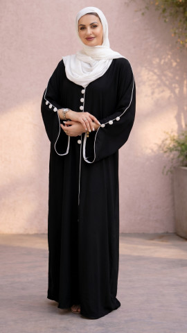 Modest Abaya with White Piping and Show Buttons on the Front and Sleeves In Black