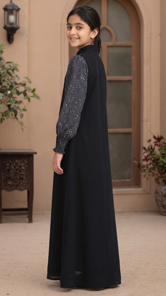 Wholesale Elegant Kids Front Open Modest Dress with Show Buttons and Printed Design on the Sleeves