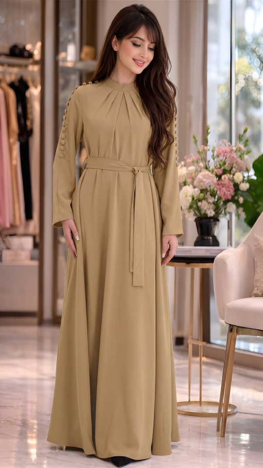 Modest Dress With a Belt in Beige
