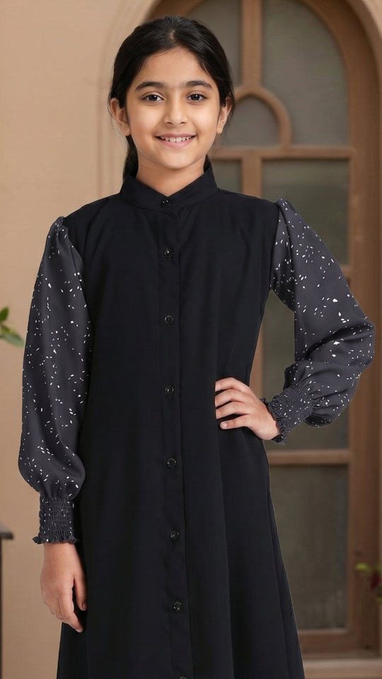 Wholesale Elegant Kids Front Open Modest Dress with Show Buttons and Printed Design on the Sleeves
