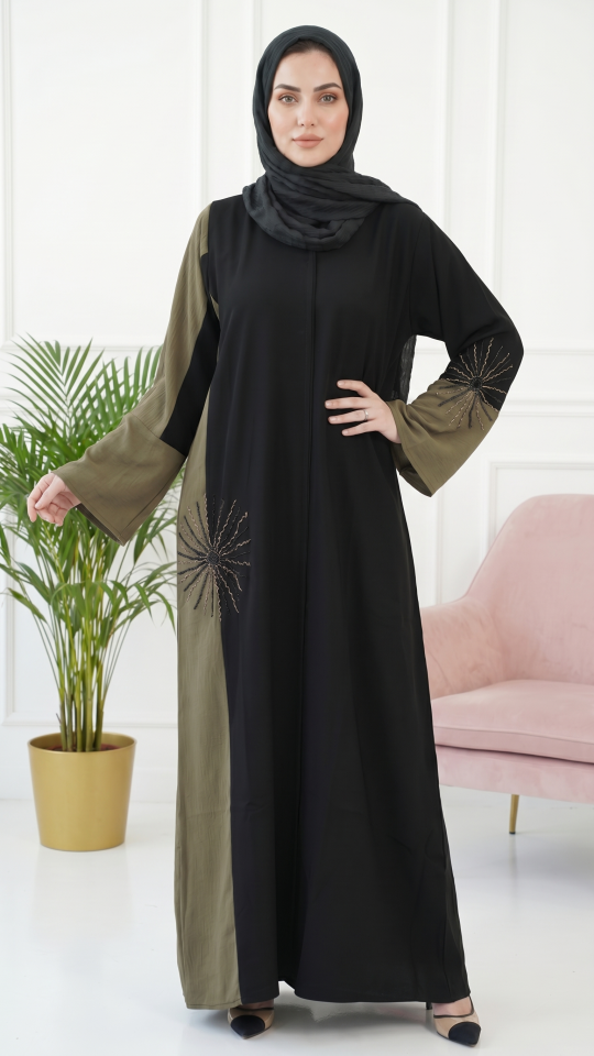 Modest Dress with Gold and Black Crystal Handwork on the Front and Sleeves 