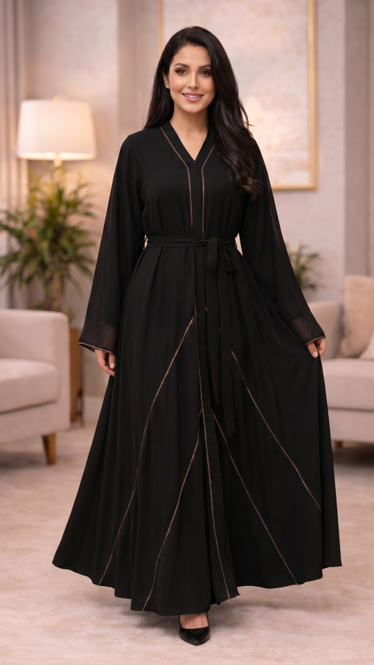 Wholesale Black Nida Matte Abaya with Front Open Style and Stone Lace Work