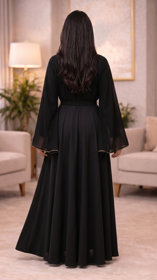 Wholesale Black Nida Matte Abaya with Front Open Style and Stone Lace Work