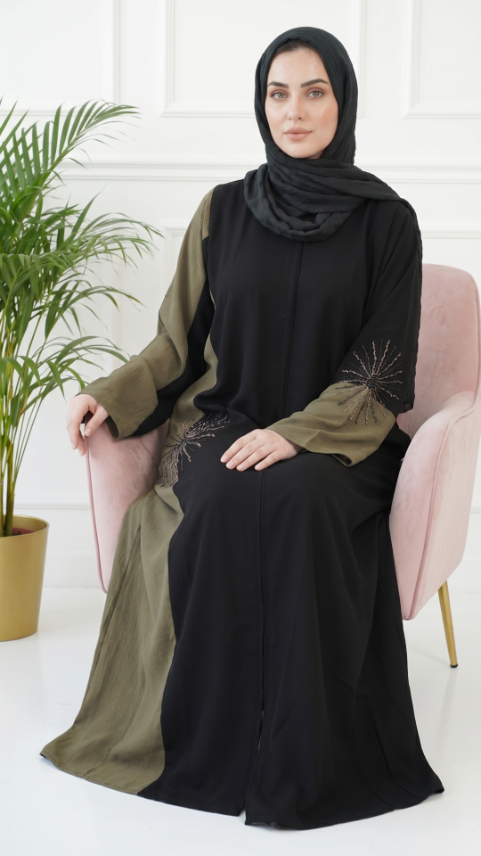 Modest Dress with Gold and Black Crystal Handwork on the Front and Sleeves 