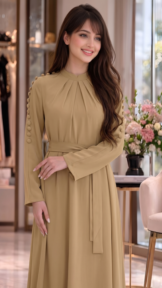 Modest Dress With a Belt in Beige