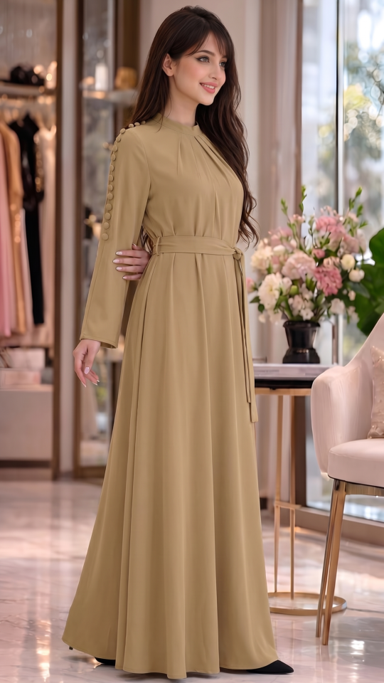 Modest Dress With a Belt in Beige