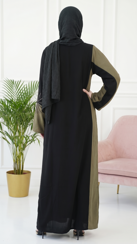 Modest Dress with Gold and Black Crystal Handwork on the Front and Sleeves 