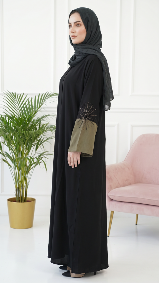 Modest Dress with Gold and Black Crystal Handwork on the Front and Sleeves 