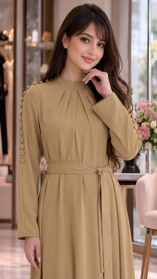 Modest Dress With a Belt in Beige