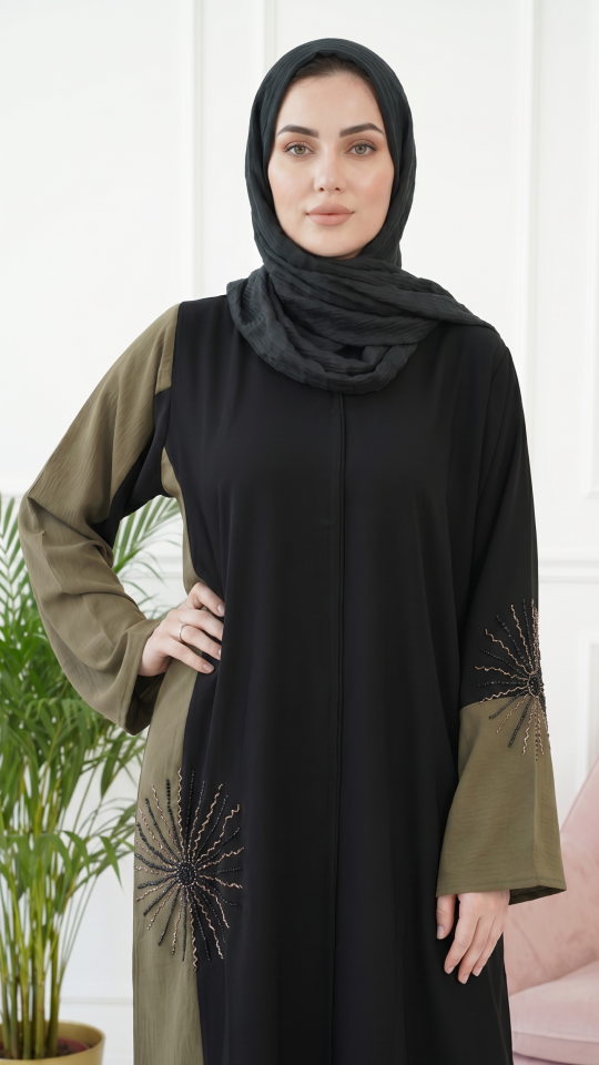Modest Dress with Gold and Black Crystal Handwork on the Front and Sleeves 