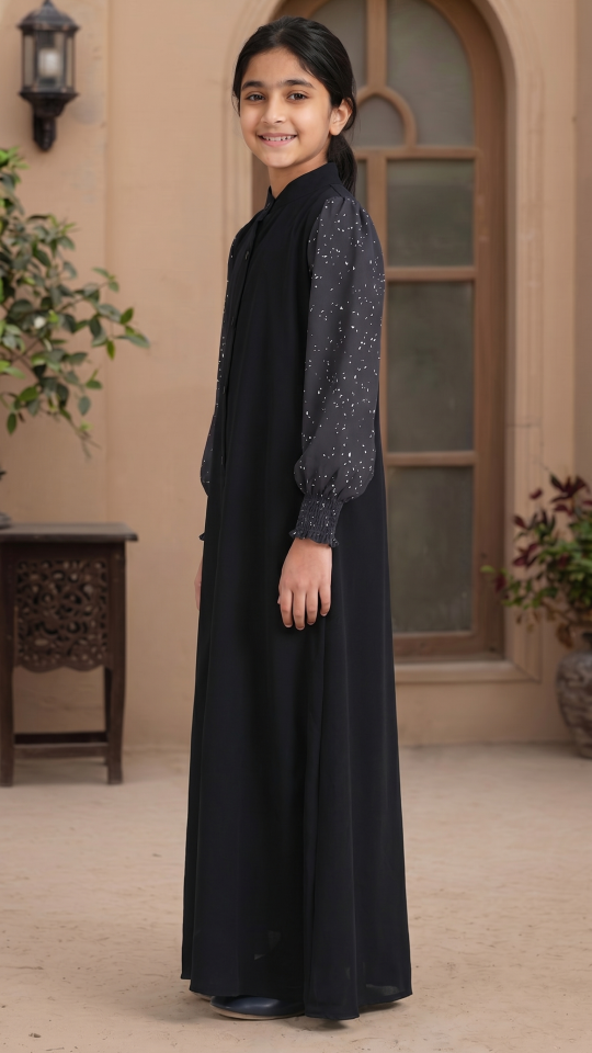 Wholesale Elegant Kids Front Open Modest Dress with Show Buttons and Printed Design on the Sleeves