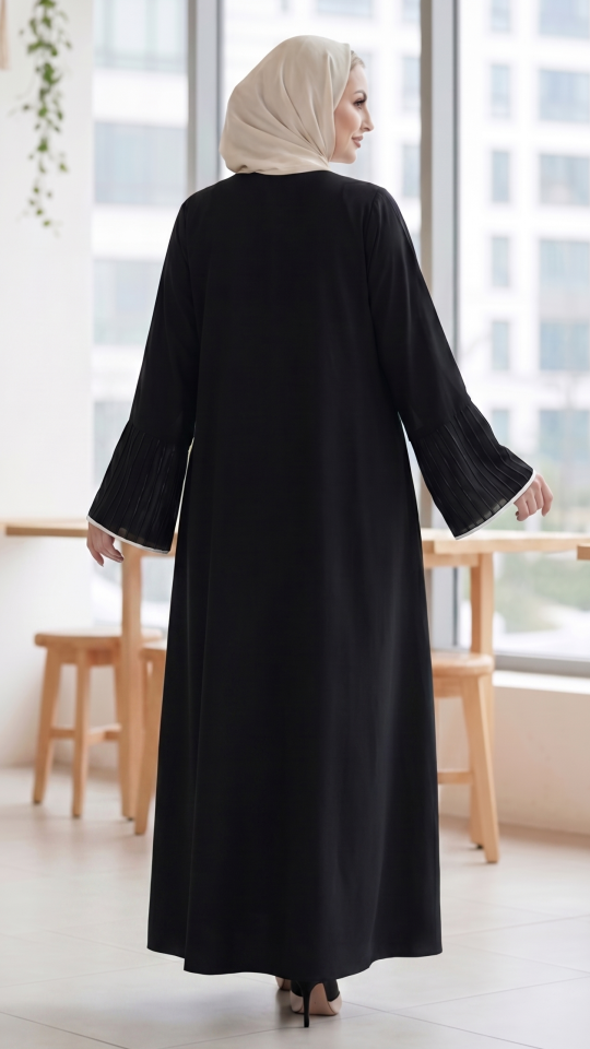 Masha Crepe Abaya with Crystal Work and White Piping on the Sleeves
