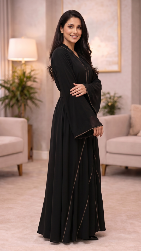 Wholesale Black Nida Matte Abaya with Front Open Style and Stone Lace Work