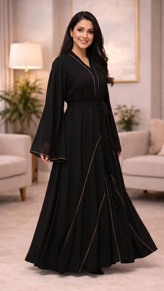Wholesale Black Nida Matte Abaya with Front Open Style and Stone Lace Work
