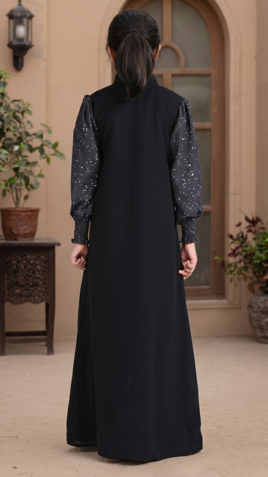 Wholesale Elegant Kids Front Open Modest Dress with Show Buttons and Printed Design on the Sleeves