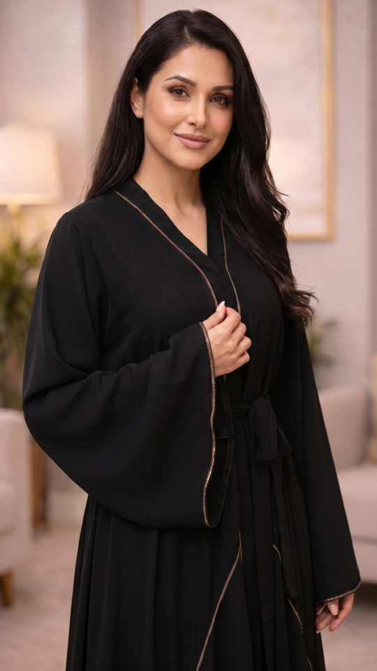 Wholesale Black Nida Matte Abaya with Front Open Style and Stone Lace Work
