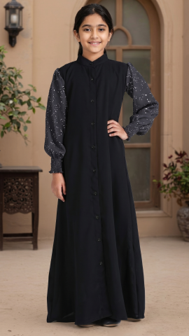 Wholesale Stylish Kids Front Open Modest Dress with Show Buttons and Printed Design on the Sleeves