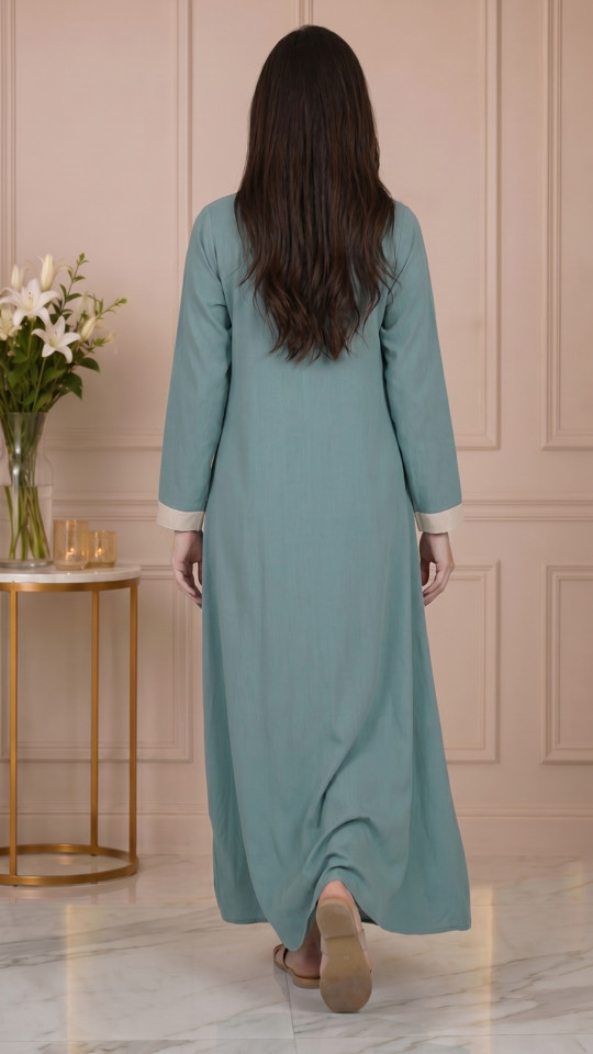 Teal Simple Abaya with Show Buttons and a Cream Band on the Front 