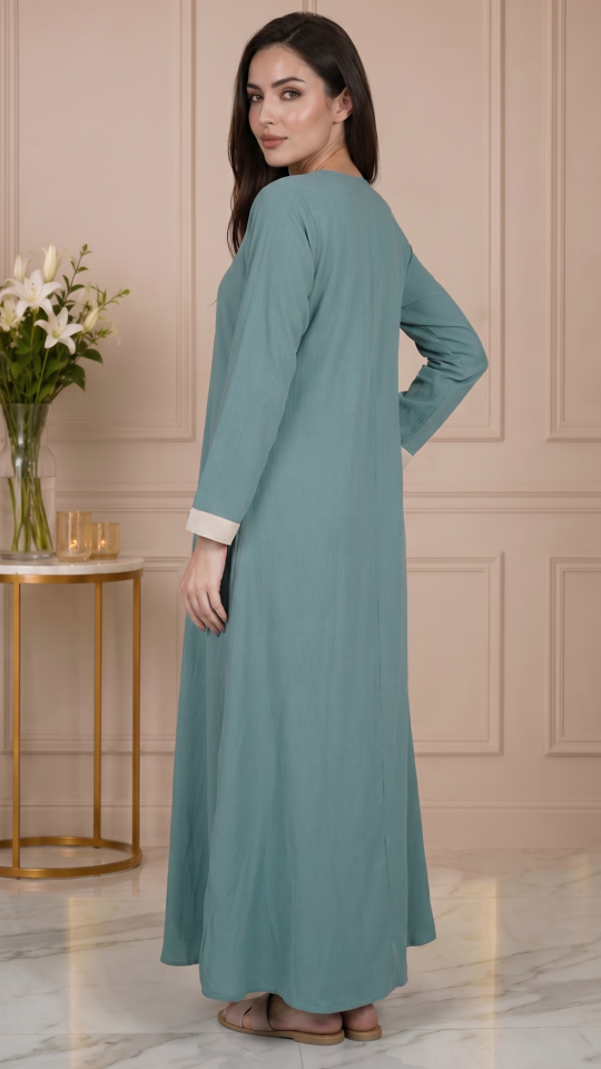 Teal Simple Abaya with Show Buttons and a Cream Band on the Front 
