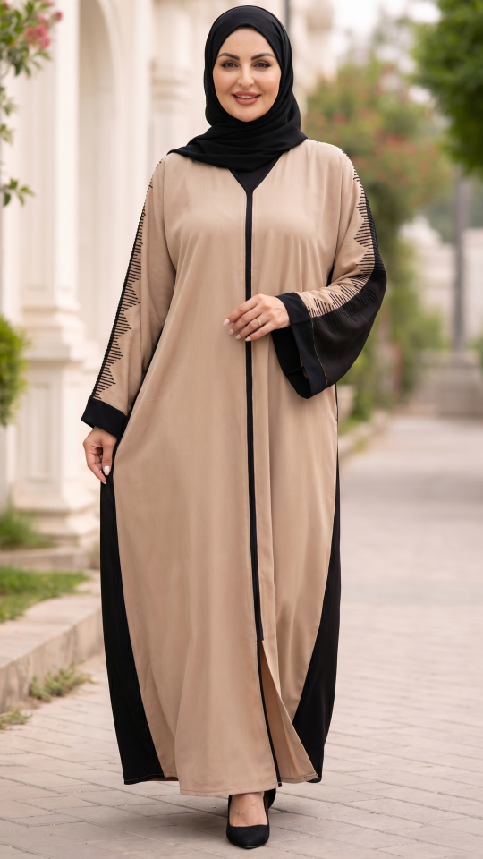 Beige and Dark Coffee Zoom Abaya with Crystal Handwork on the Sleeves