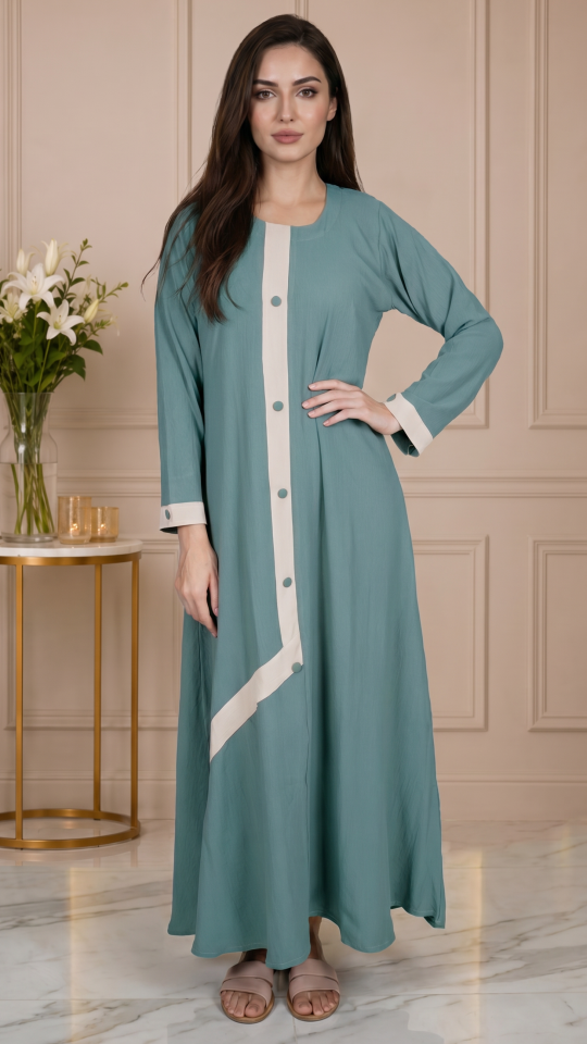 Teal Simple Abaya with Show Buttons and a Cream Band on the Front 