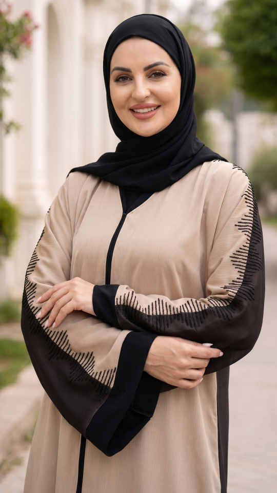 Beige and Dark Coffee Zoom Abaya with Crystal Handwork on the Sleeves