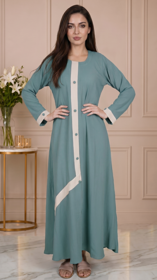 Teal Simple Abaya with Show Buttons and a Cream Band on the Front 