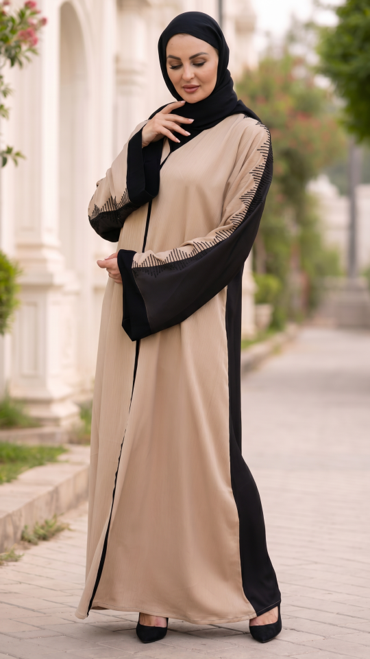 Beige and Dark Coffee Zoom Abaya with Crystal Handwork on the Sleeves