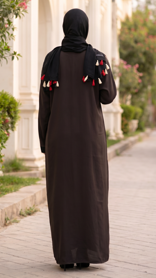 Beige and Dark Coffee Zoom Abaya with Crystal Handwork on the Sleeves