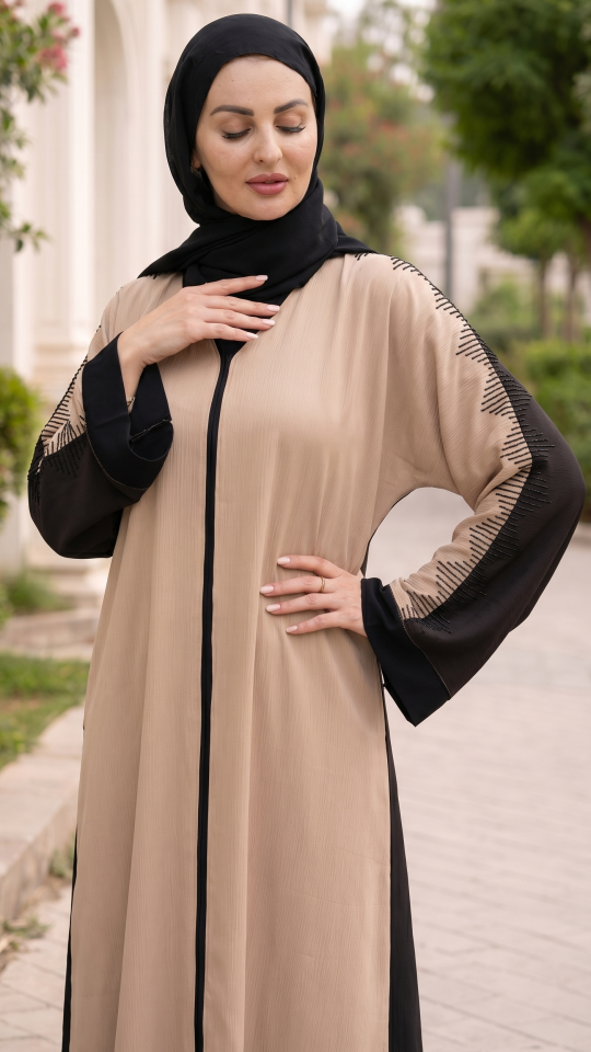 Beige and Dark Coffee Zoom Abaya with Crystal Handwork on the Sleeves