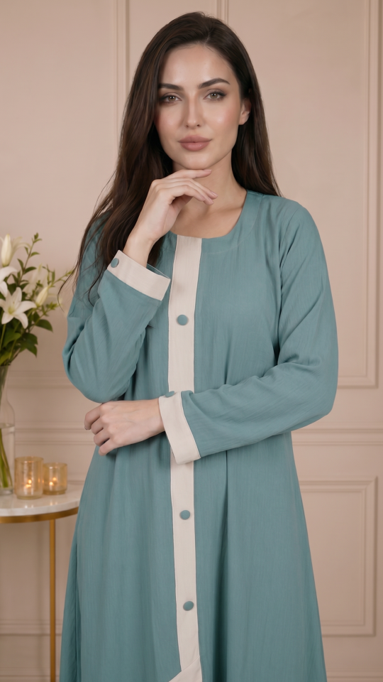 Teal Simple Abaya with Show Buttons and a Cream Band on the Front 