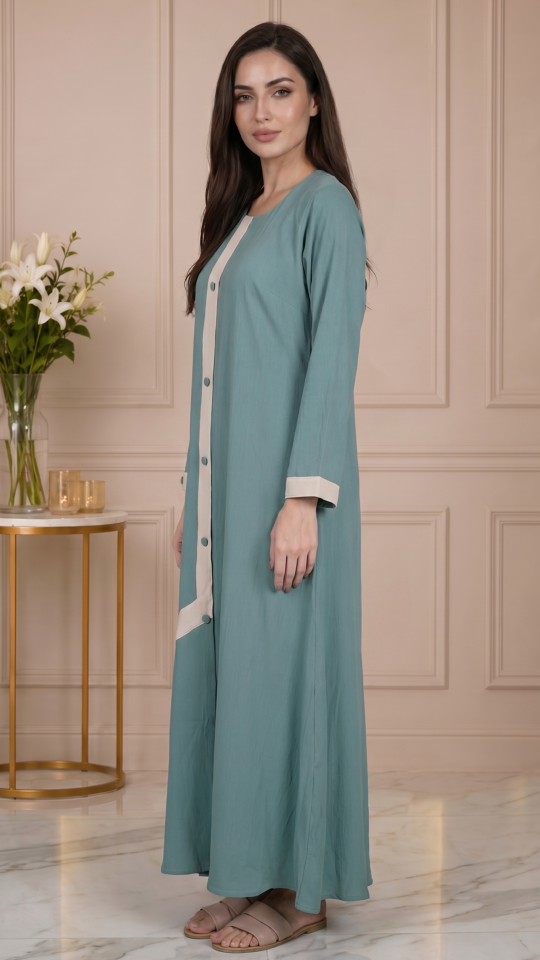 Teal Simple Abaya with Show Buttons and a Cream Band on the Front 