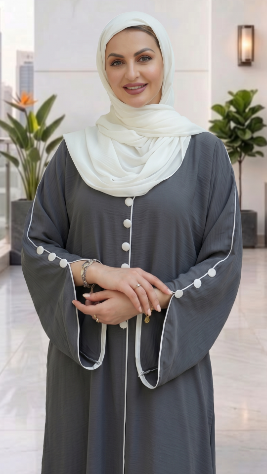  Modest Abaya with White Piping and Show Buttons on the Front and Sleeves in Dark Grey