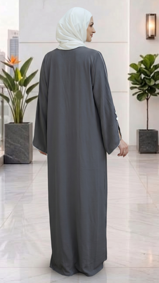  Modest Abaya with White Piping and Show Buttons on the Front and Sleeves in Dark Grey