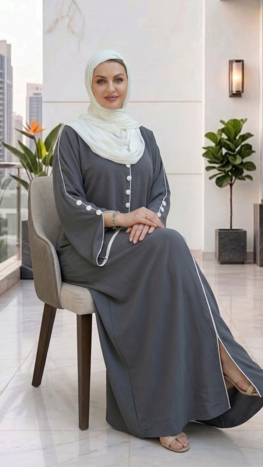  Modest Abaya with White Piping and Show Buttons on the Front and Sleeves in Dark Grey