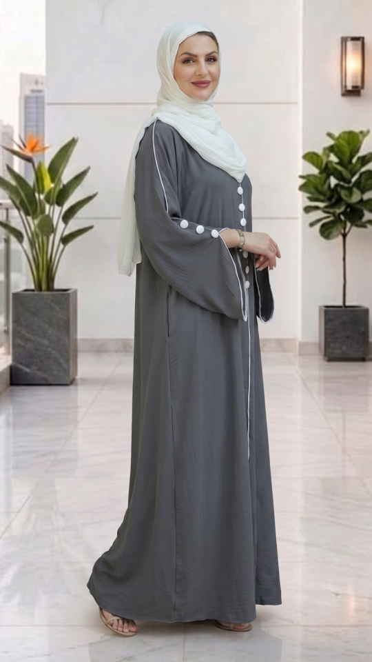  Modest Abaya with White Piping and Show Buttons on the Front and Sleeves in Dark Grey