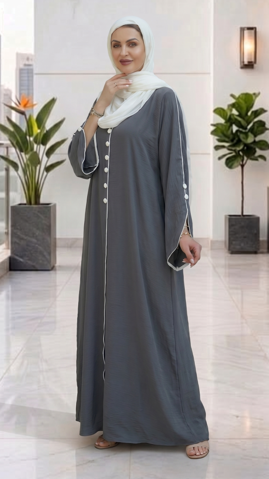  Modest Abaya with White Piping and Show Buttons on the Front and Sleeves in Dark Grey