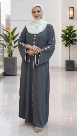 Modest Abaya with White Piping and Show Buttons on the Front and Sleeves in Chrome Grey