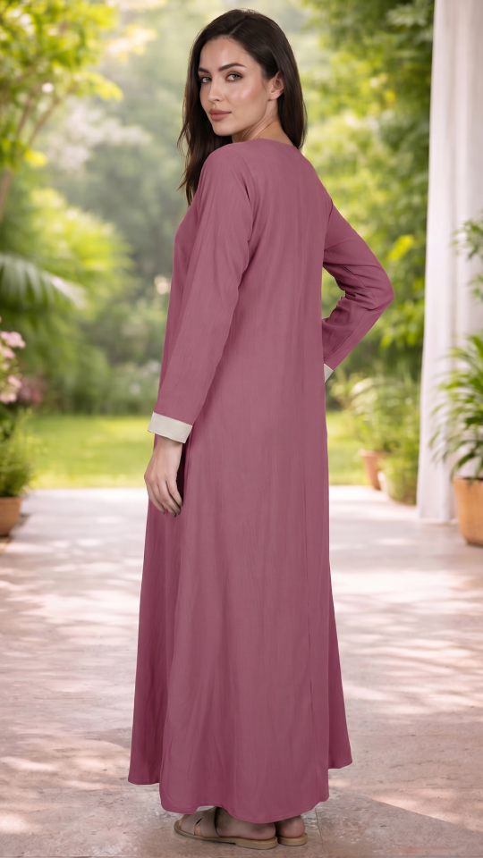 Bulk Simple Abaya With Show Buttons And Cream Band on the Front In Dull Magenta