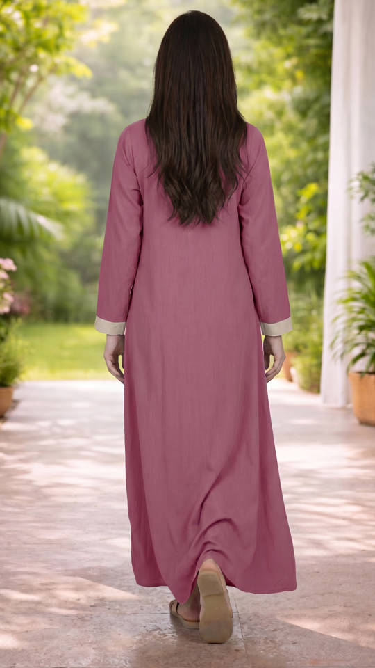 Bulk Simple Abaya With Show Buttons And Cream Band on the Front In Dull Magenta