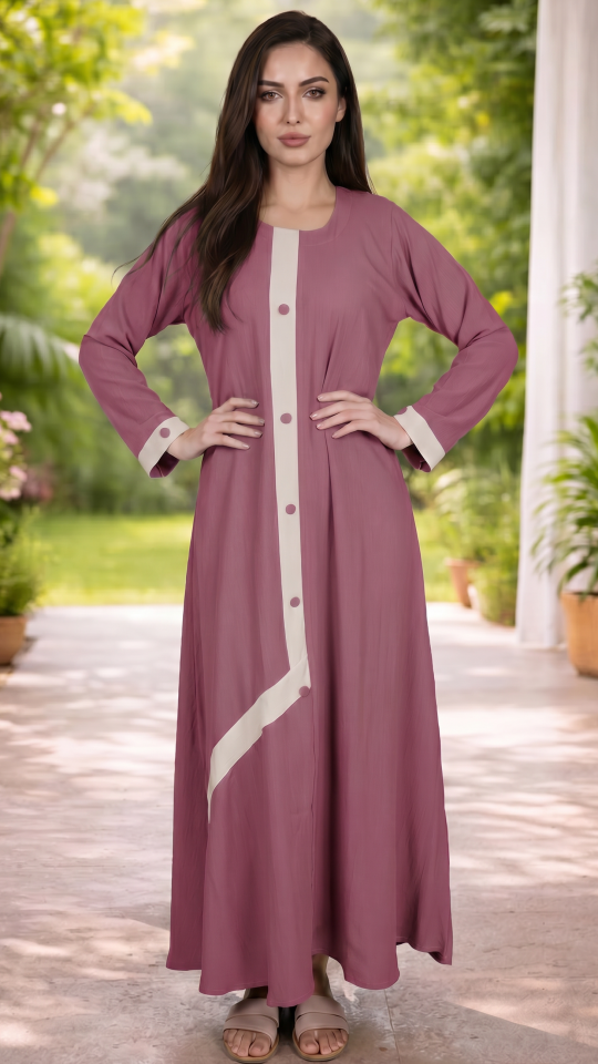 Bulk Simple Abaya With Show Buttons And Cream Band on the Front In Dull Magenta