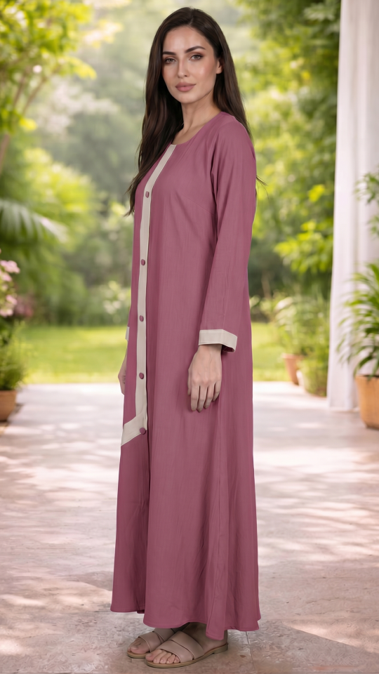 Bulk Simple Abaya With Show Buttons And Cream Band on the Front In Dull Magenta