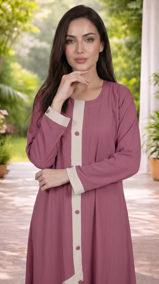 Bulk Simple Abaya With Show Buttons And Cream Band on the Front In Dull Magenta