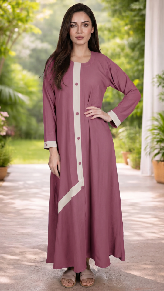 Bulk Simple Abaya With Show Buttons And Cream Band on the Front In Dull Magenta